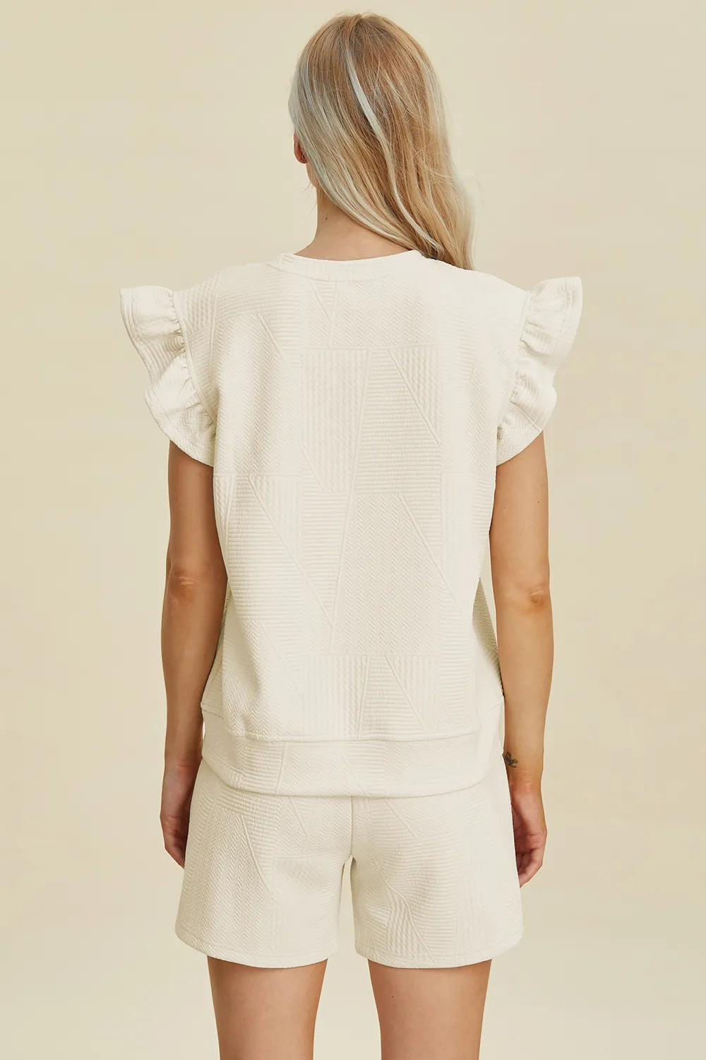 Double Take Full Size Texture Round Neck Ruffle Sleeve Top and Shorts Set by Trendsi