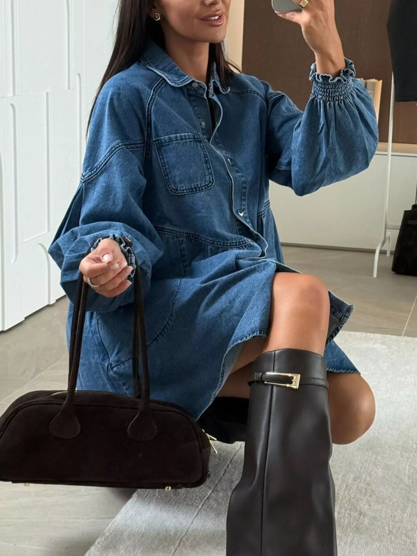 Button Down Mini Denim Dress with Front Pockets by Trendsi