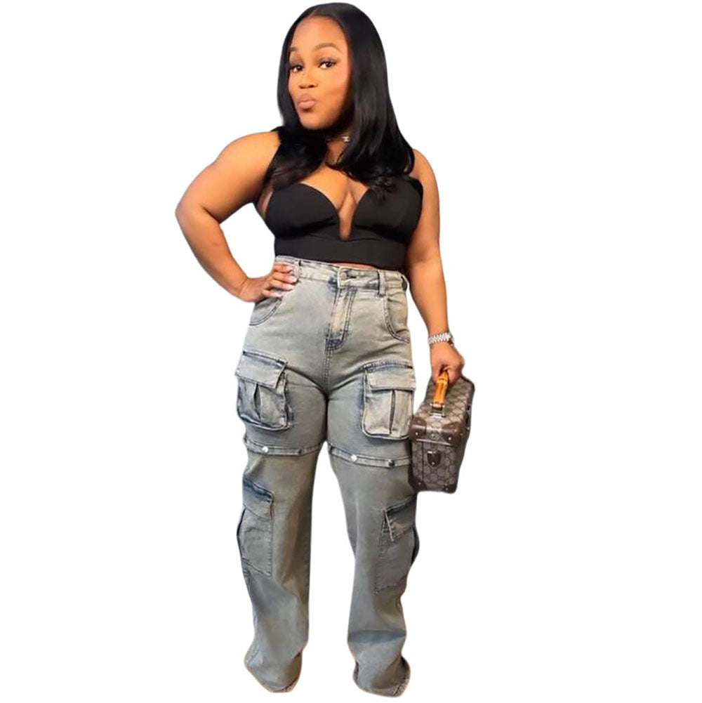 Women's Multi-Pocket Denim Pants with Detachable Buttons Straight Leg Fashion Casual Jeans by eprolo