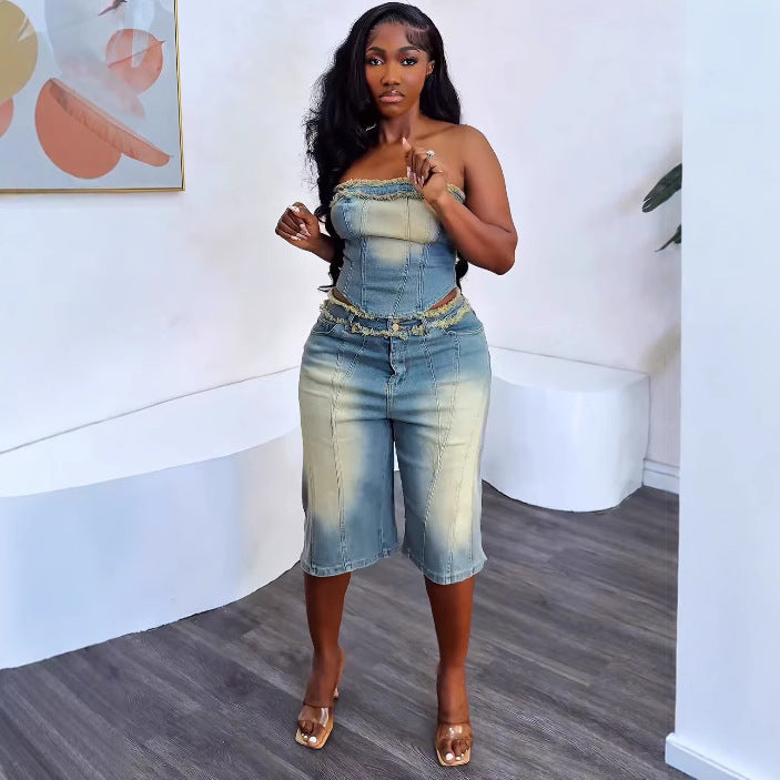 Women's Fashion Denim Set with Raw Hem Crop Top and High-Waisted Denim Shorts by eprolo