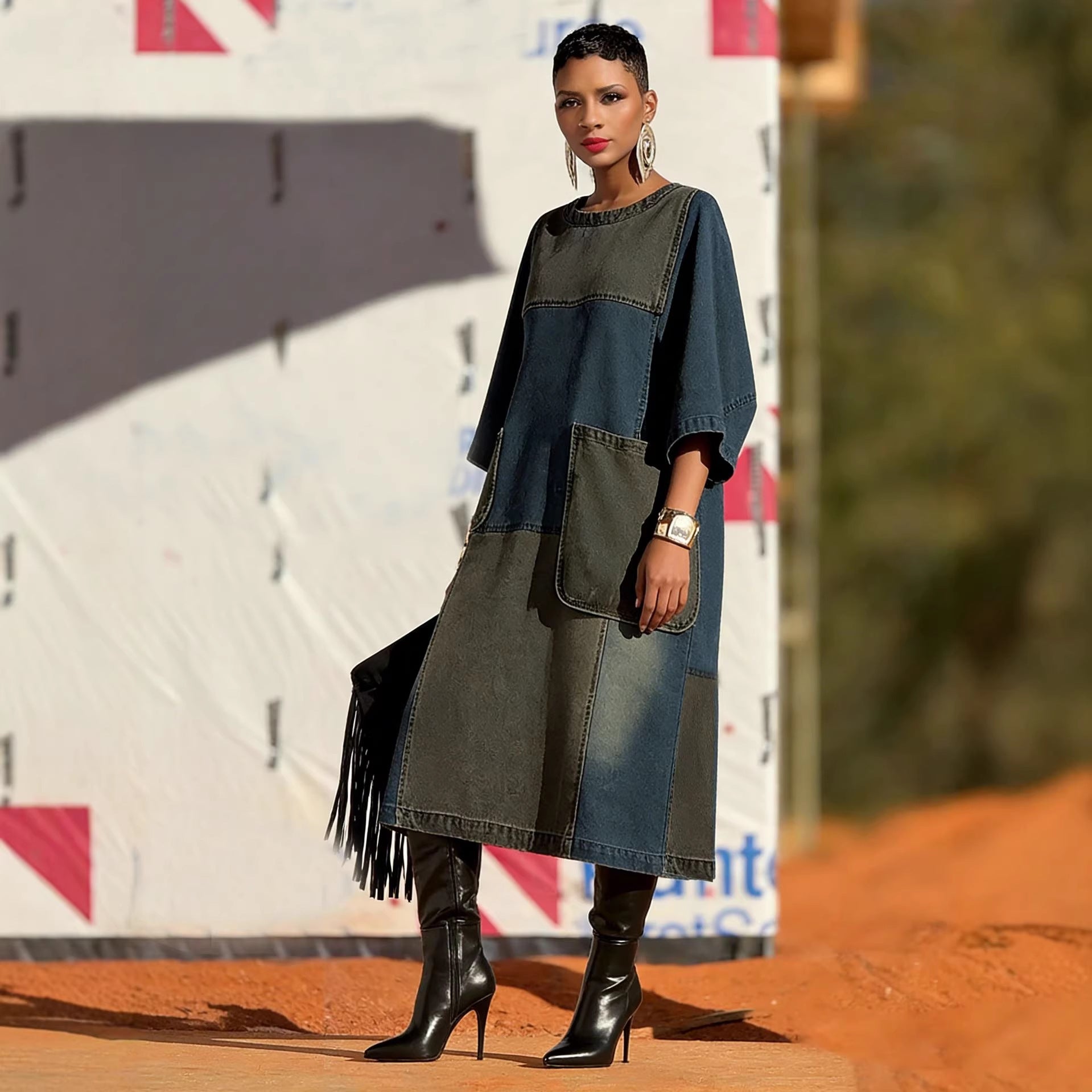 Pocket Loose Denim Dress with Design and Asymmetrical Hem by eprolo