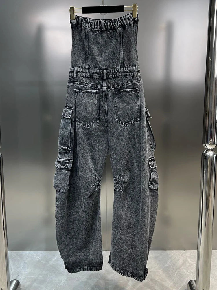 Solid Jumpsuits For Women Strapless Sleeveless High Waist Cargo Pants Summer Jumpsuit Female Fashion Clothing by eprolo