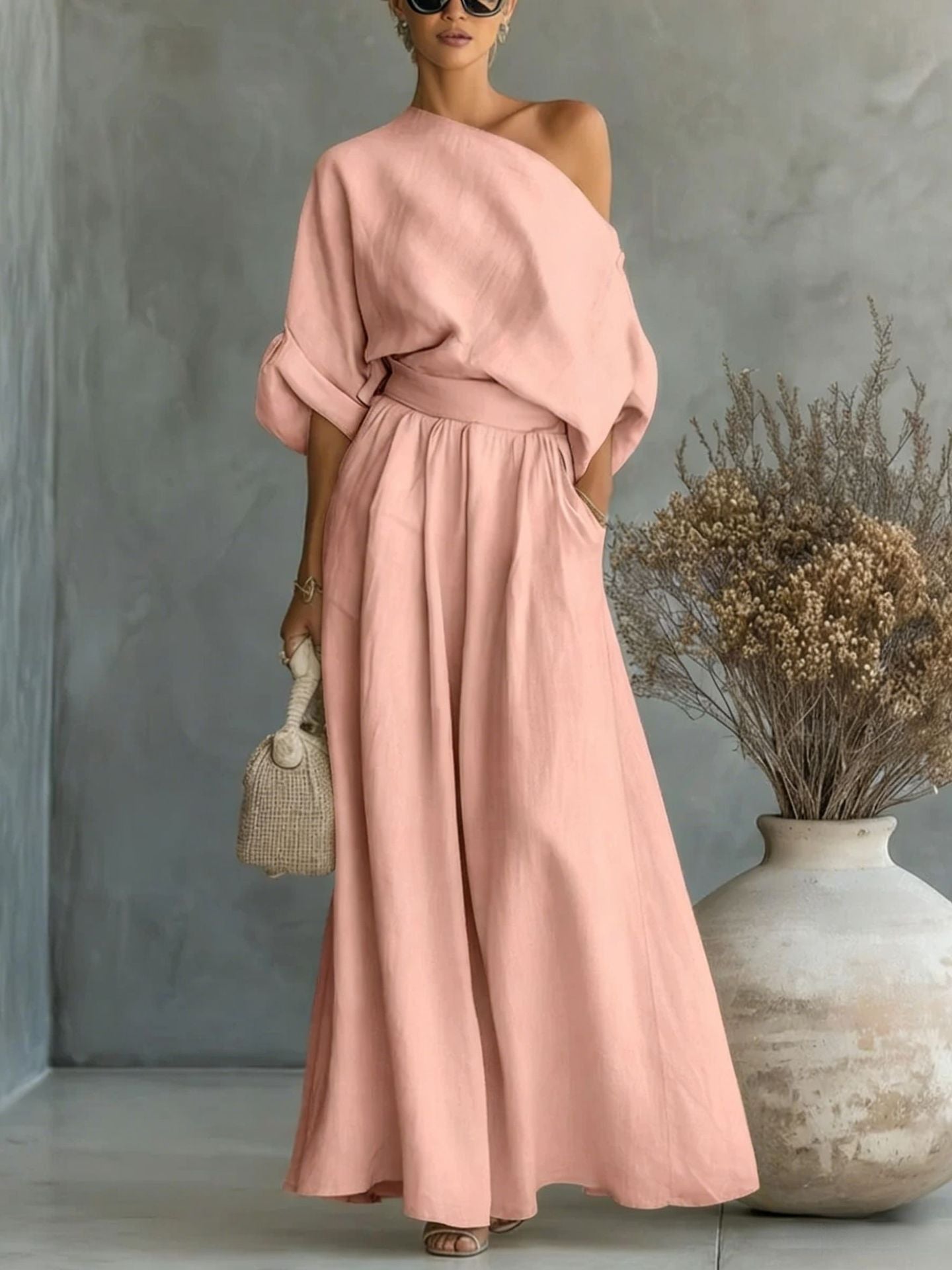 Elegant Fitted Asymmetrical Shoulder Top and Pants Two-Piece Set by eprolo