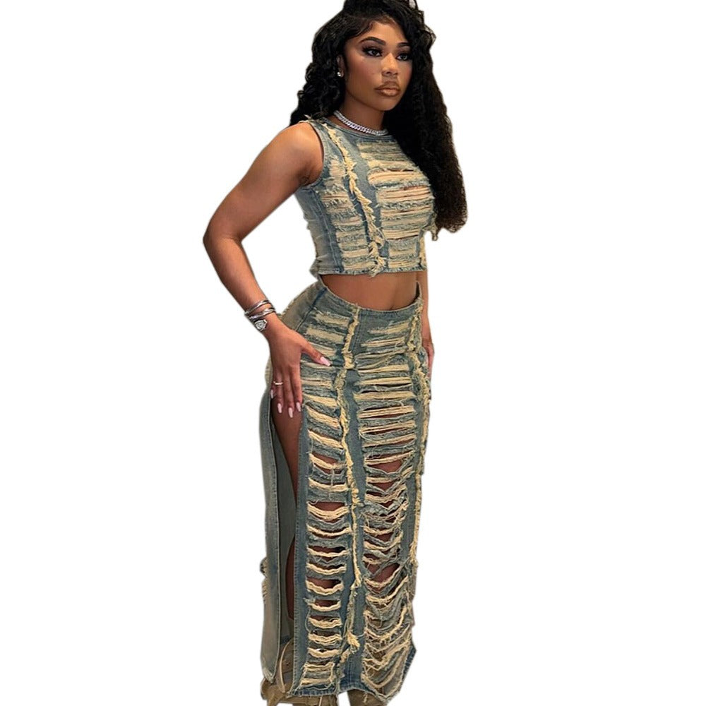 Denim Set Women's Fashion CasualHandcrafted Distressed Vest with Slit Denim Skirt by eprolo
