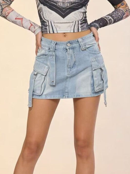 Washed Cargo Denim Skirt by Trendsi