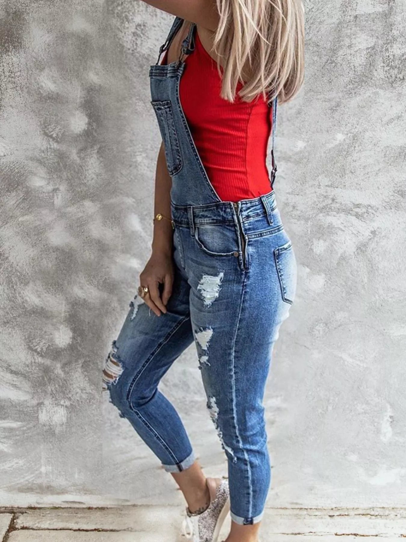 Wide Strap Distressed Denim Overalls by Trendsi