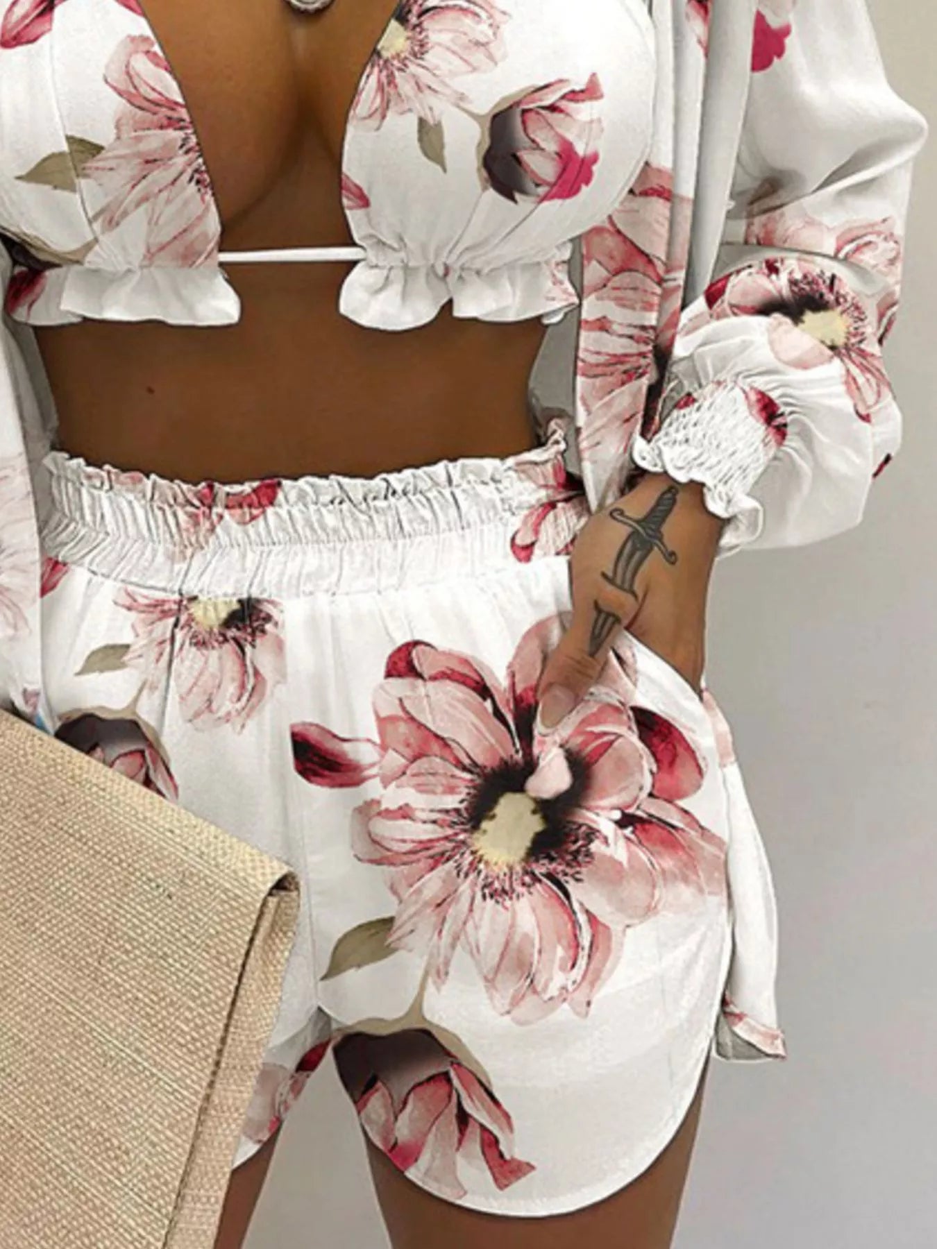 Full Size Halter Neck Cami & Shirt & Shorts 3-Piece Outfit Set Plus Size by Trendsi