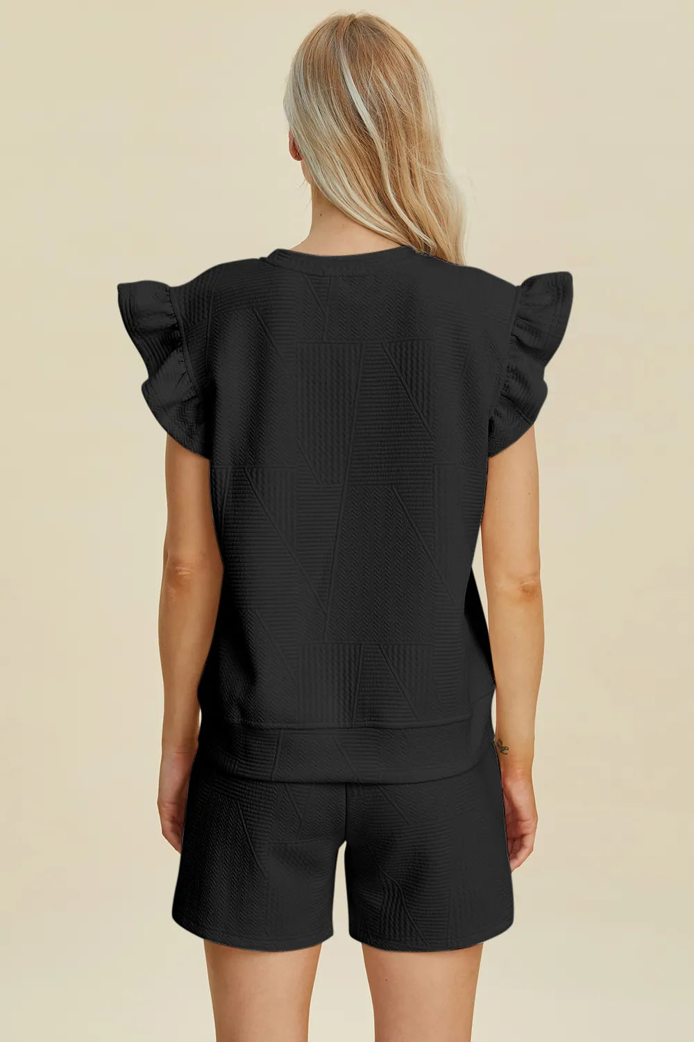 Double Take Full Size Texture Round Neck Ruffle Sleeve Top and Shorts Set by Trendsi