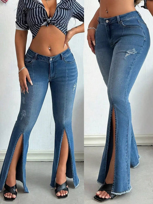 Distressed Slit Flare Jeans by Trendsi
