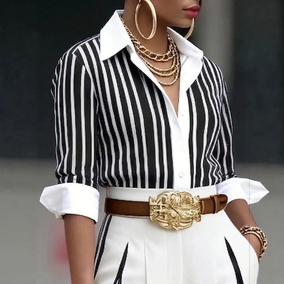 Striped Shirt And Vertical-striped Wide-leg Pants Set by Royal Closet