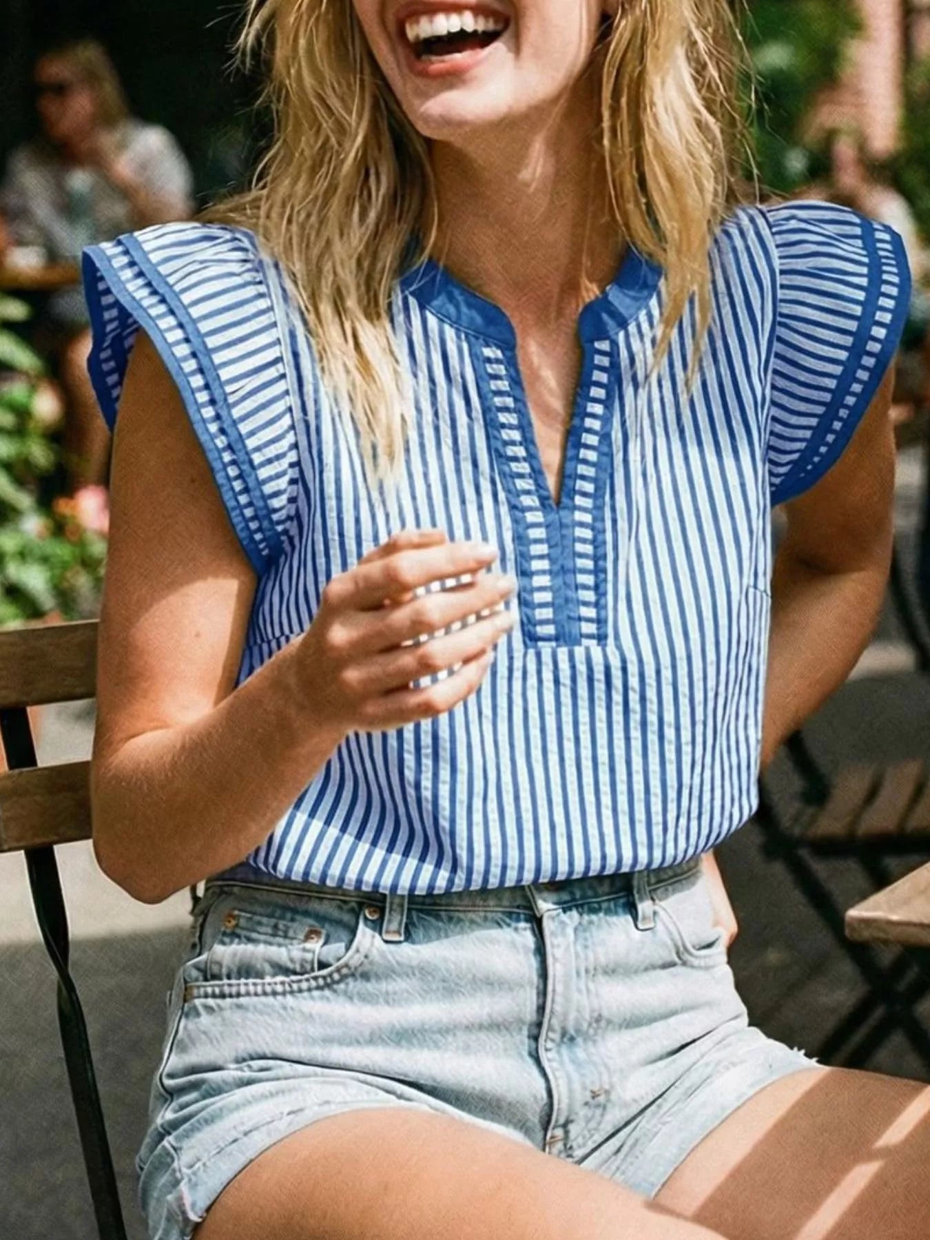 Striped Ruffle Sleeve Blouse by Trendsi