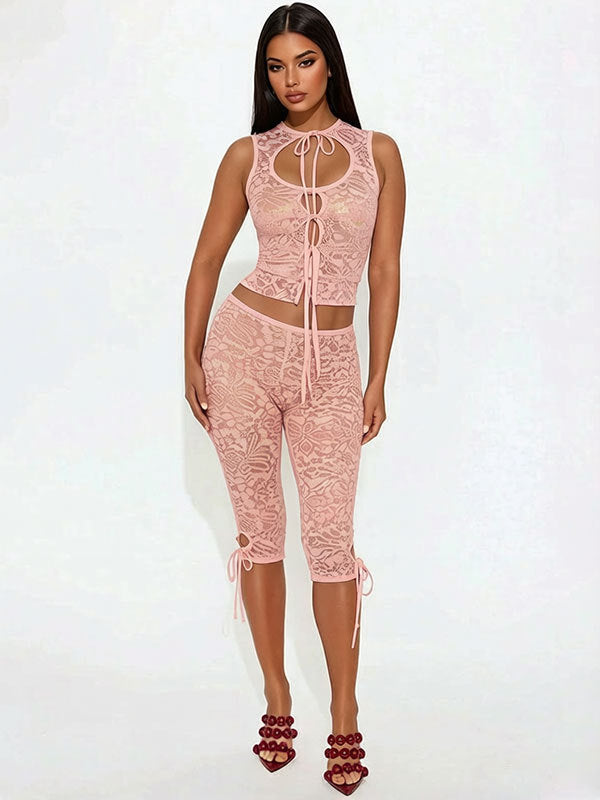 Womens Lace-spliced Backless Top And Shorts Set For Women by Royal Closet