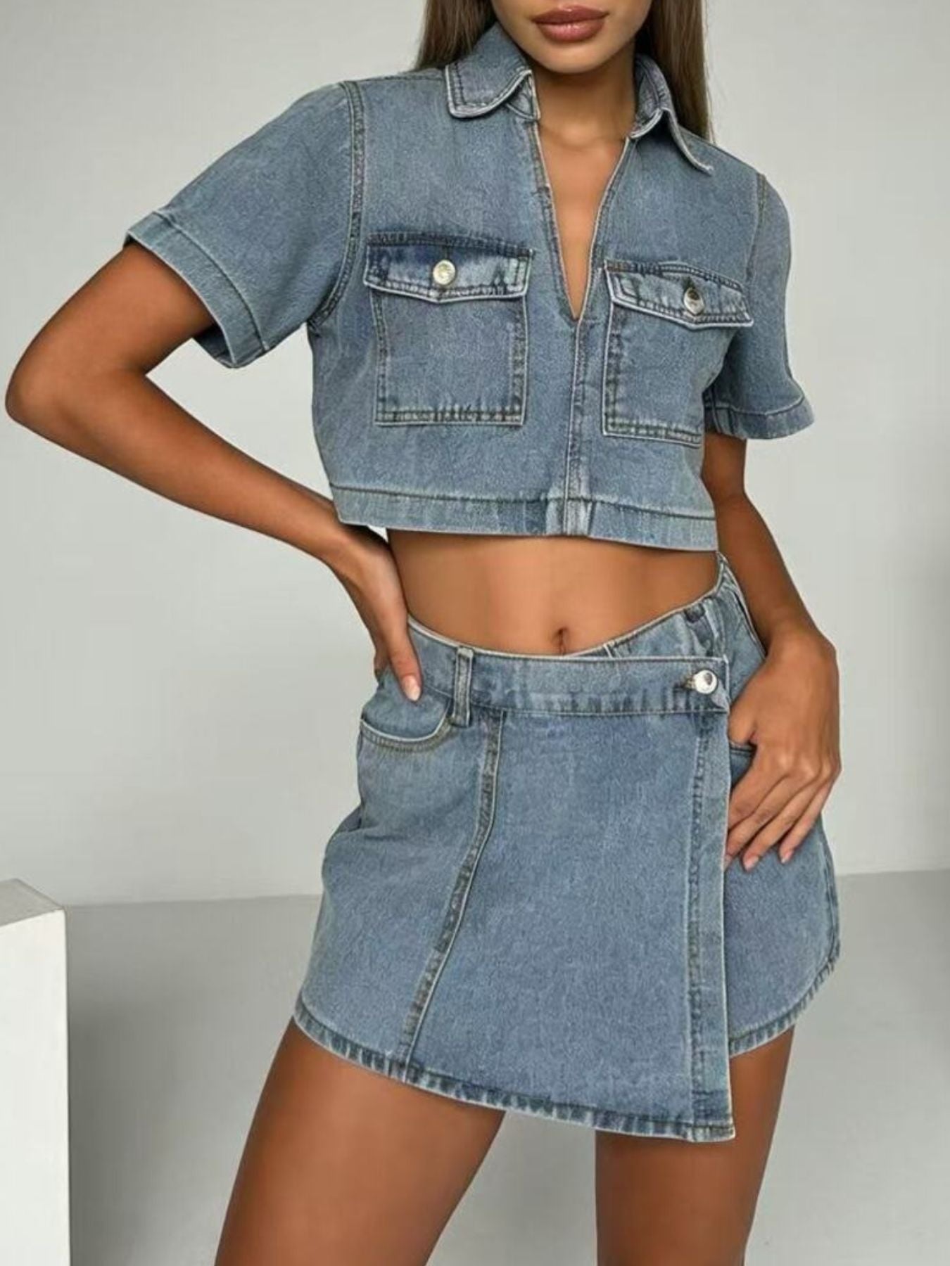Womens Short Sleeve Cropped Top and Skort Denim Set by Trendsi