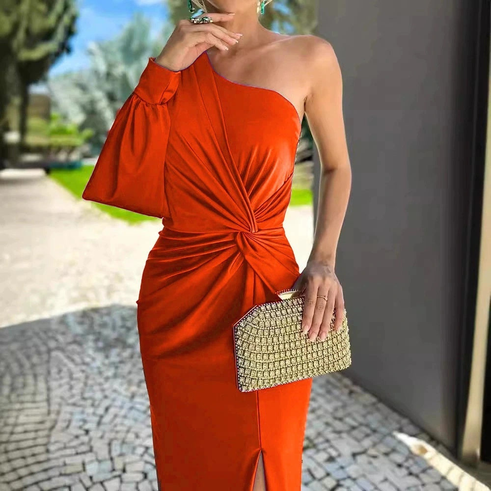 Women's Diagonal Shoulder Knot Split Solid Color Slim Fit Dress by Royal Closet