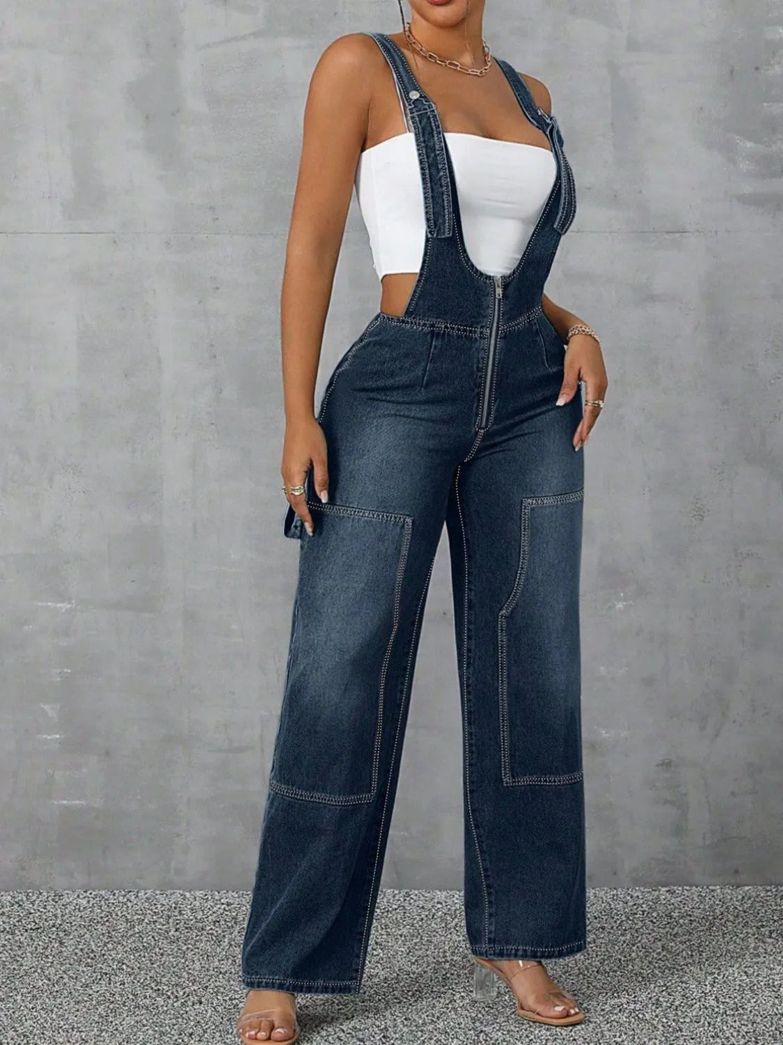 Zip Front Wide Strap Denim Overalls by Trendsi