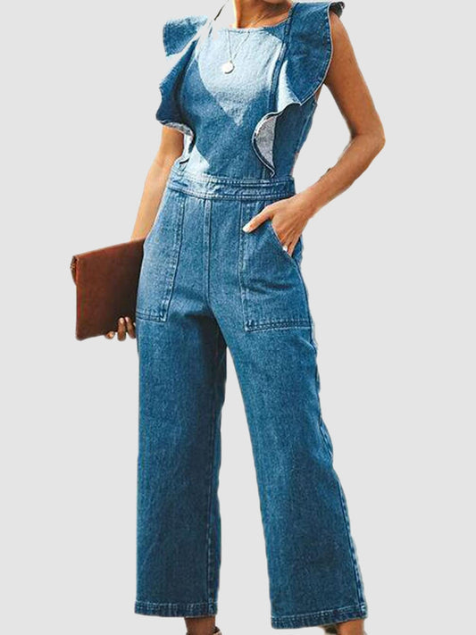Ruffled Sleeveless Denim Jumpsuit by Trendsi