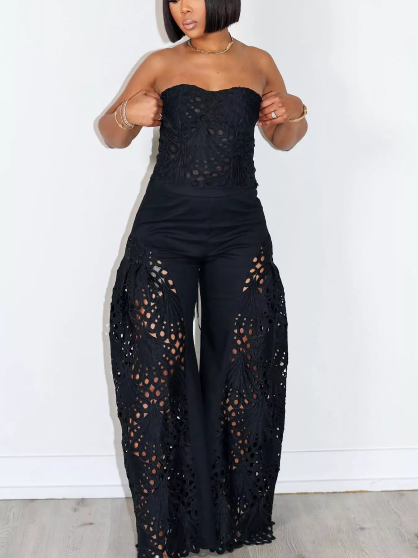Cutout Tube Top and Wide Leg Pants Set by Trendsi