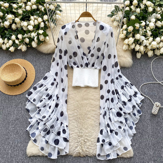Womens Sheer Cross V-Neck Waist-Cinched Flare-Sleeve Polka-Dot Top by Royal Closet