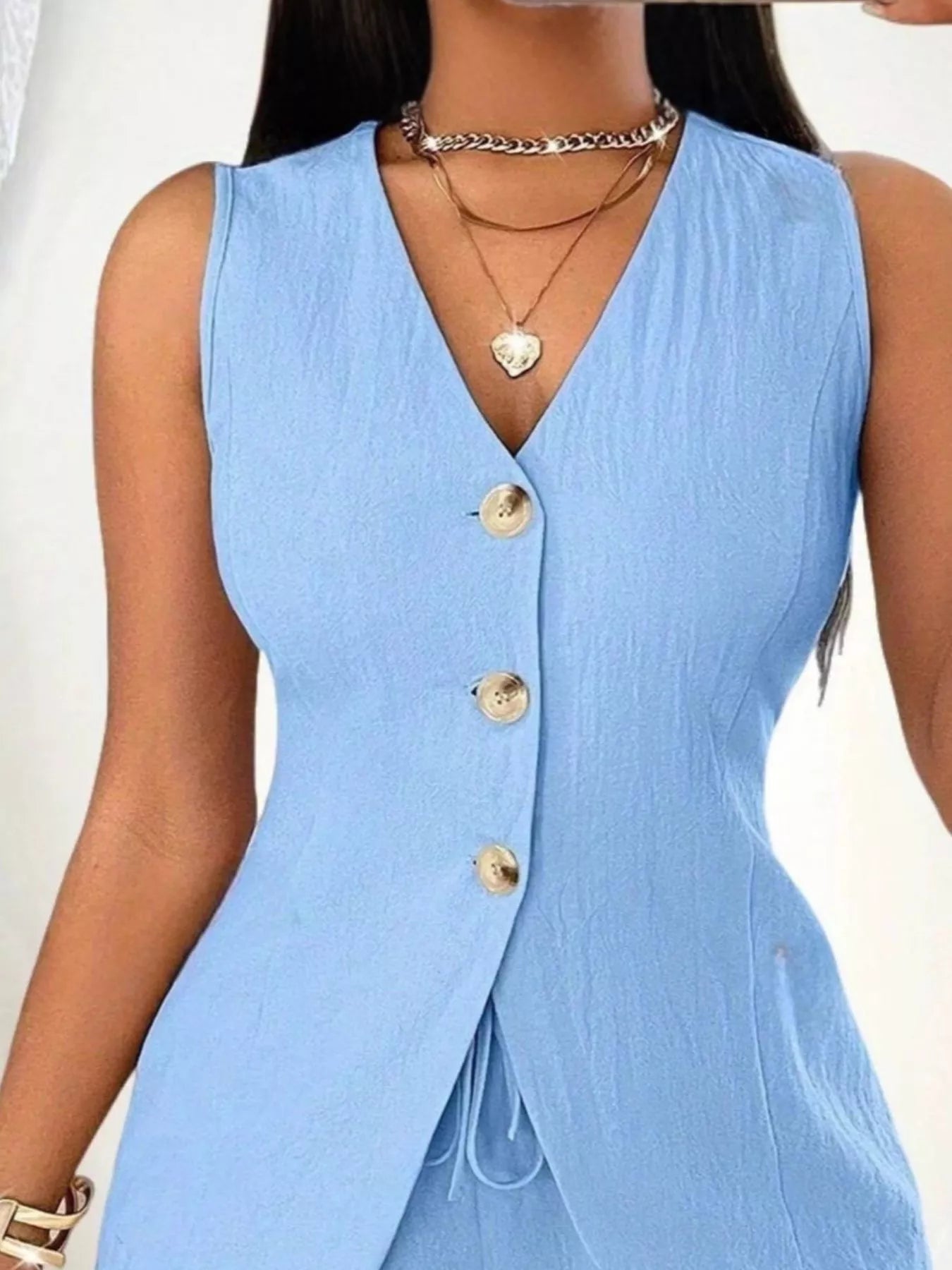 Sleeveless Button-Down Vest & Shorts Set by Trendsi