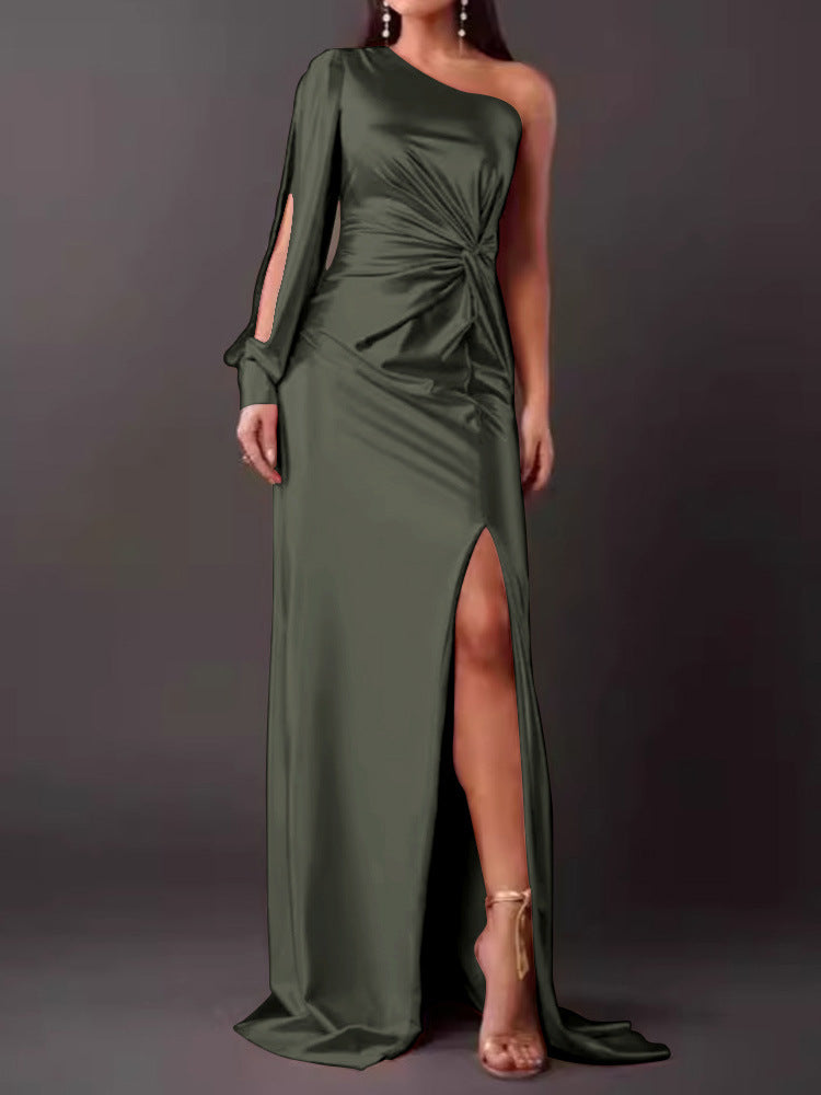 Women's Diagonal Shoulder Knot Split Solid Color Slim Fit Dress by Royal Closet