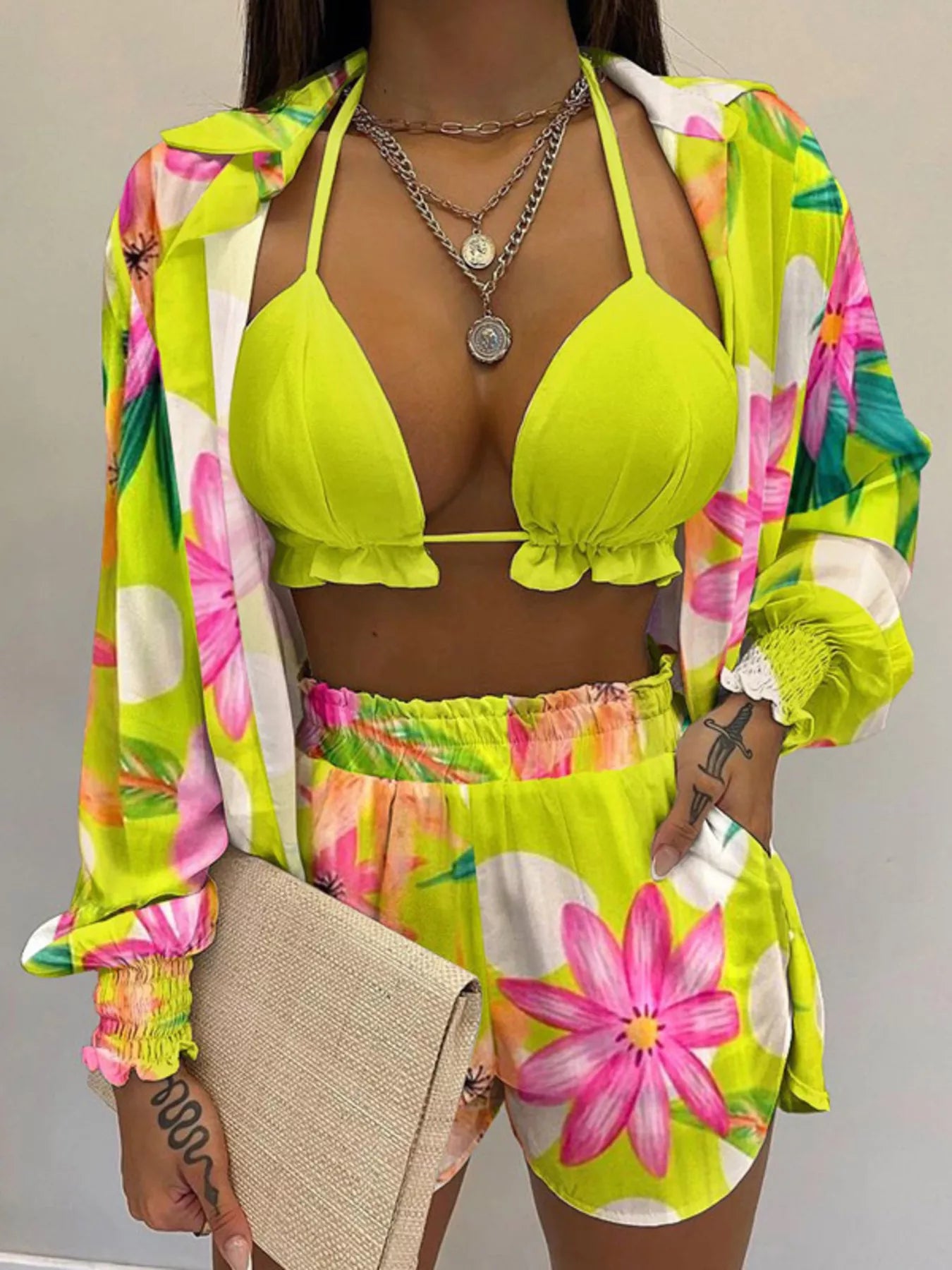 Full Size Halter Neck Cami & Shirt & Shorts 3-Piece Outfit Set Plus Size by Trendsi