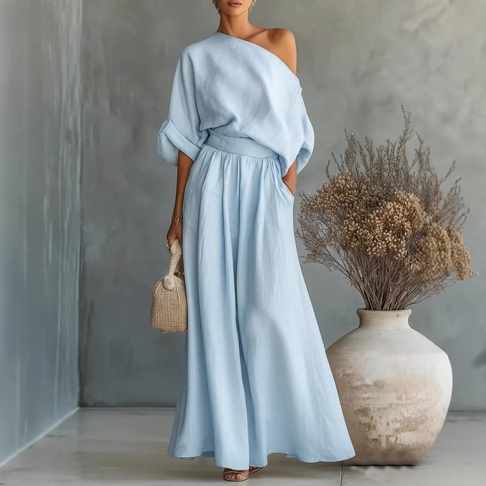 Elegant Fitted Asymmetrical Shoulder Top and Pants Two-Piece Set by eprolo