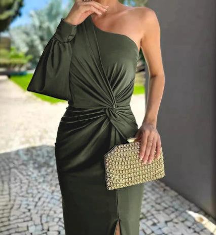 Women's Diagonal Shoulder Knot Split Solid Color Slim Fit Dress by Royal Closet
