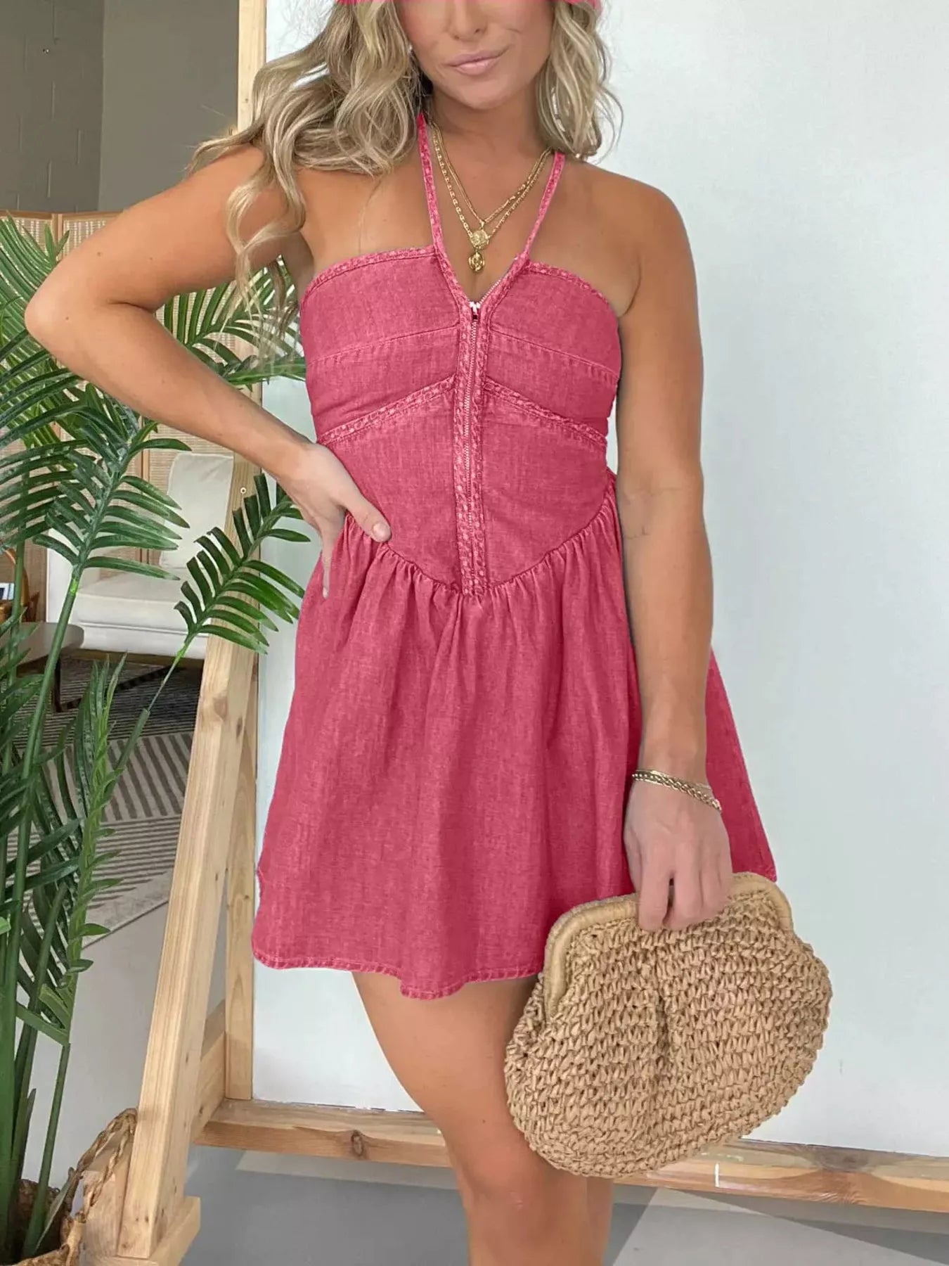 Full Size Denim Halter Neck Mini Dress Plus Size by Trendsi