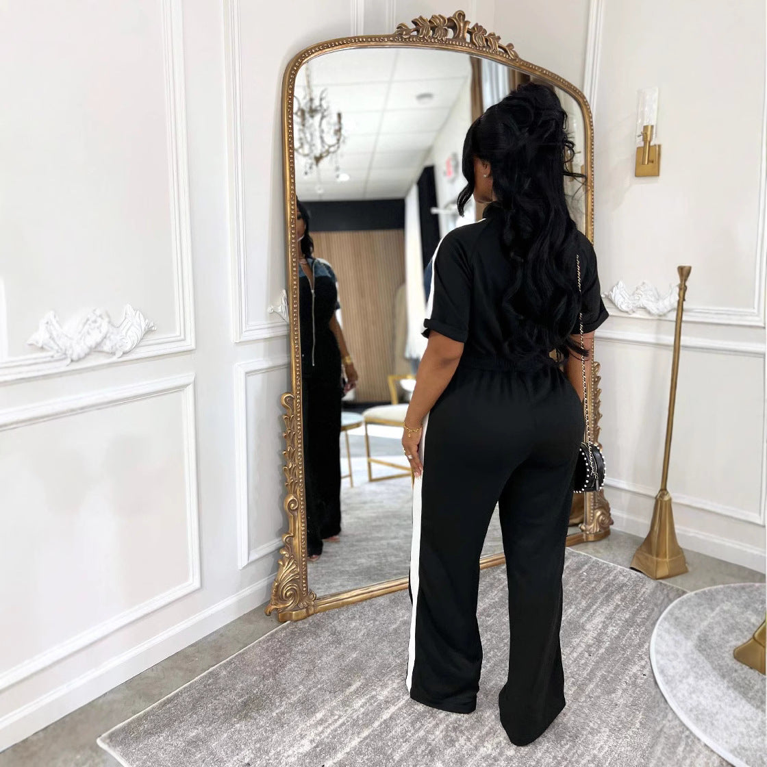 Stand-up Collar Short-sleeve Full-zip One-piece Pants by Royal Closet