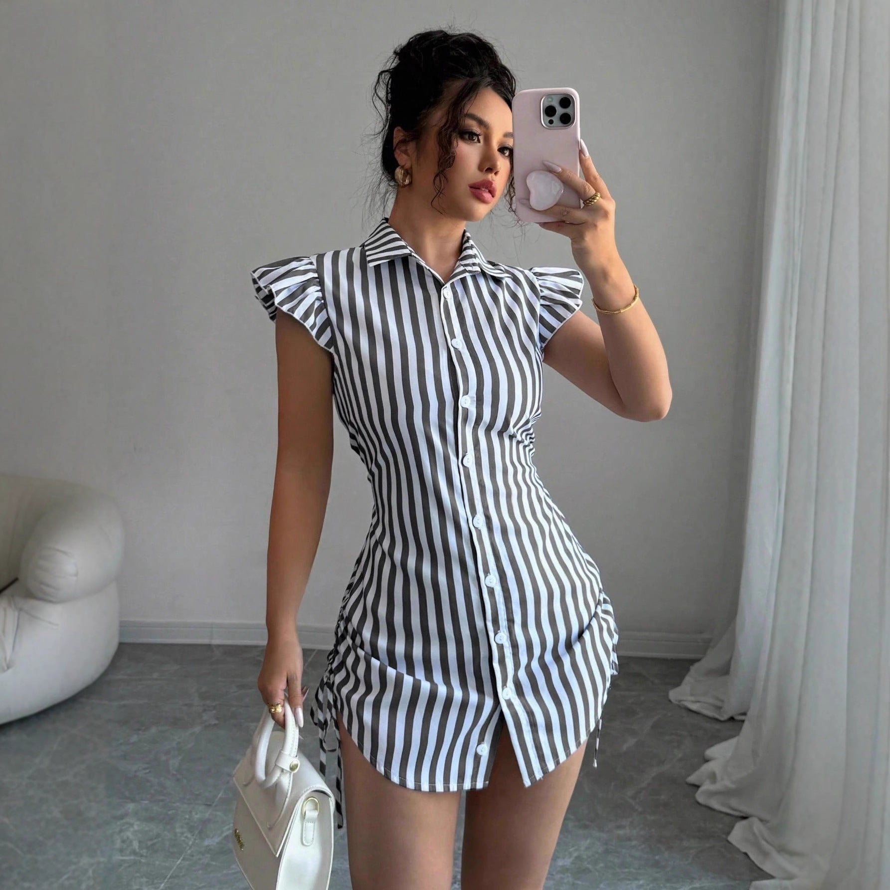Striped Shirt-collar Casual Waist-cinched Chic Dress by Royal Closet