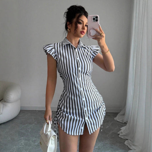 Striped Shirt-collar Casual Waist-cinched Chic Dress by Royal Closet