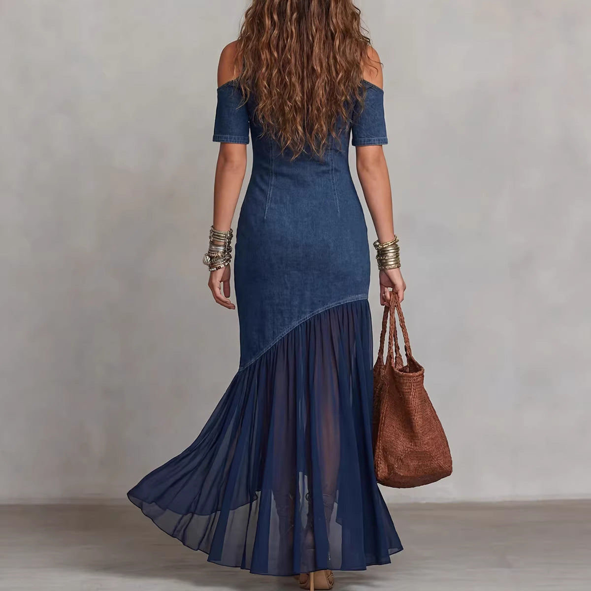 Off-shoulder Short-sleeve Mesh-hem Dress by Royal Closet