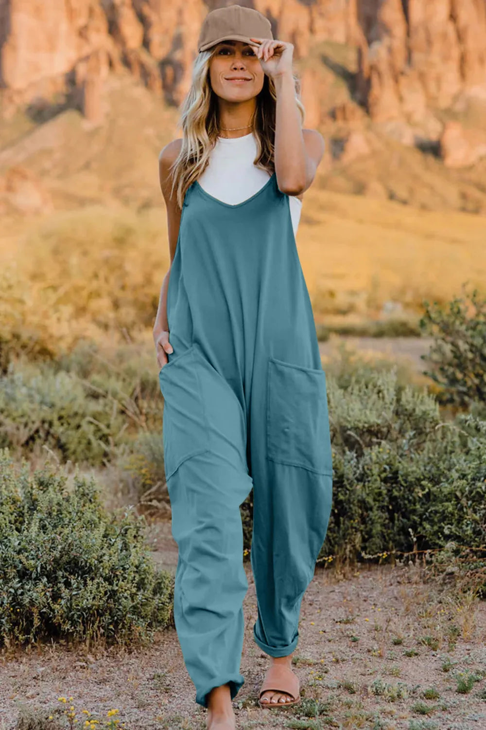 Double Take Full Size V-Neck Sleeveless Jumpsuit with Pockets by Trendsi