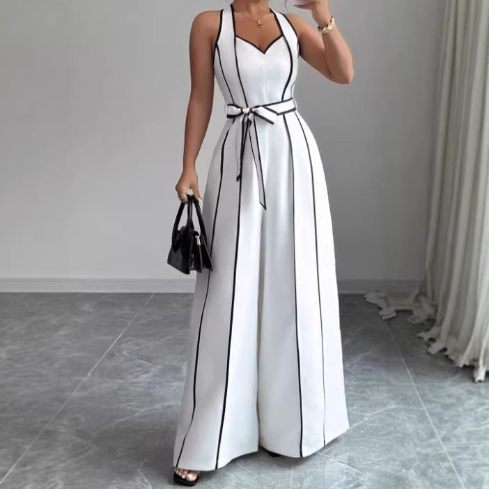 Striped Sleeveless V-neck Black-and-white Color-block Wide-leg Jumpsuit by MELI