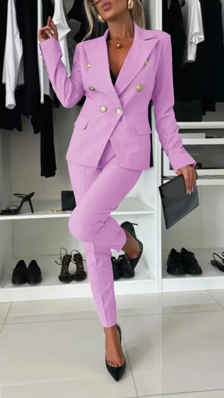 Casual Blazer Suit Slim Lapel Double-breasted Jacket And Zip-up Trousers Women's Clothing by Royal Closet