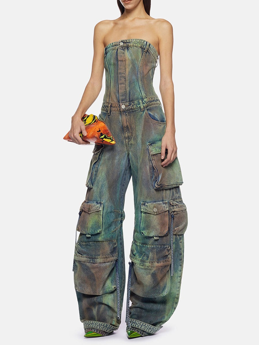 Patchwork Pockets Jumpsuit For Women Strapless Sleeveless High Waist Wide Leg Pant Streetwear Jumpsuits Female by eprolo