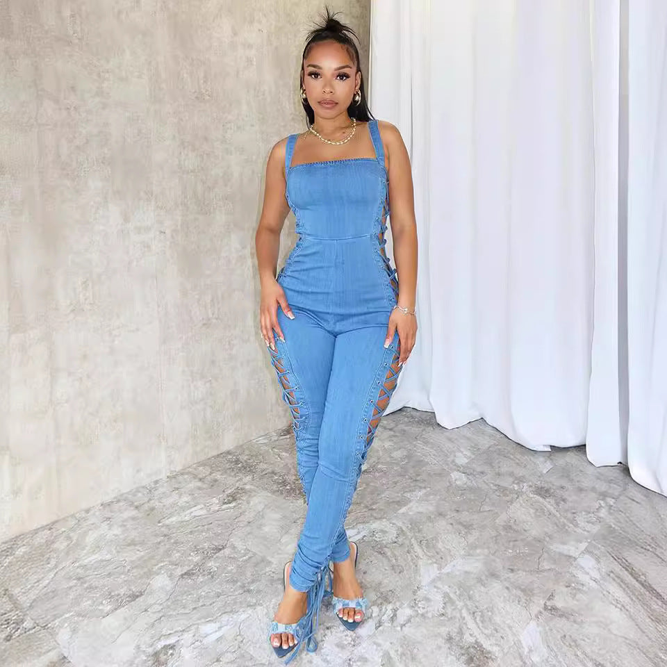 Fashionable Women's Belted Jumpsuit with Side Drawstring Denim Overalls by eprolo