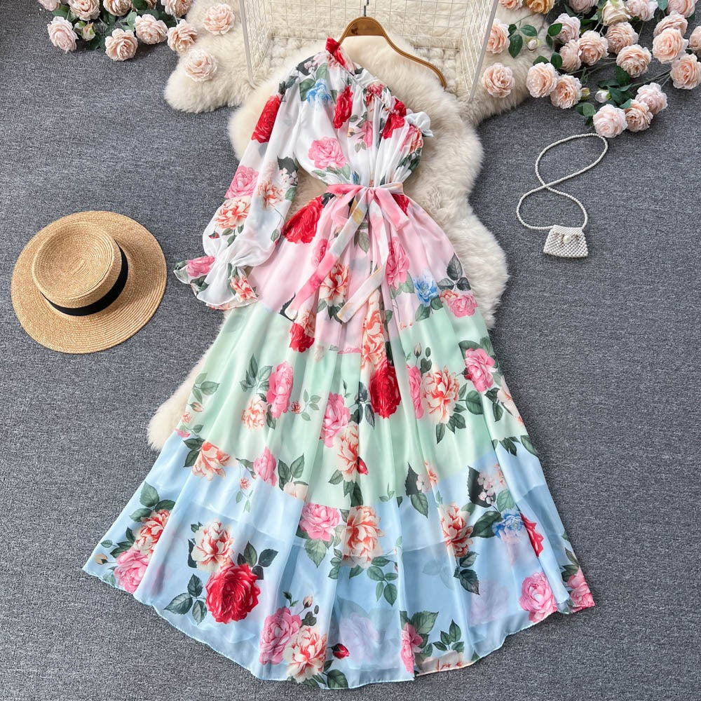 Oblique Shoulder Bubble Sleeves Chiffon Dress Womens Bubble Sleeves Wrapped Waist Large Swing Flower Fairy Long Dress by eprolo
