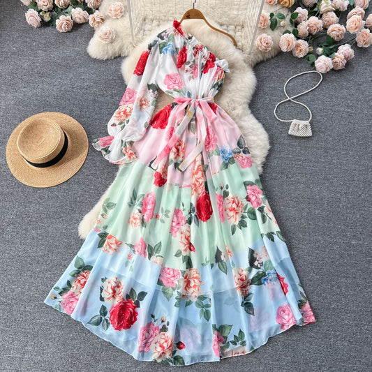 Oblique Shoulder Bubble Sleeves Chiffon Dress Womens Bubble Sleeves Wrapped Waist Large Swing Flower Fairy Long Dress by eprolo