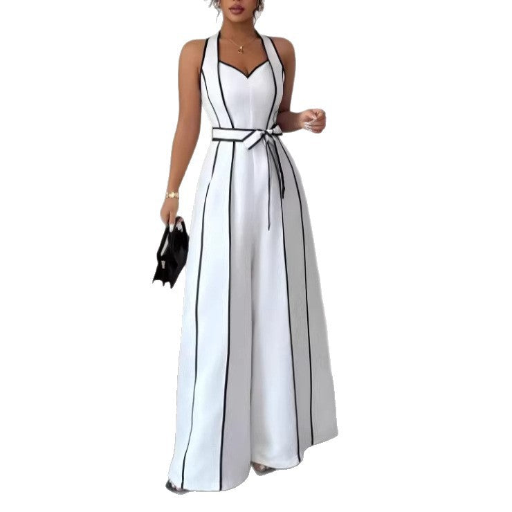 Striped Sleeveless V-neck Black-and-white Color-block Wide-leg Jumpsuit by MELI