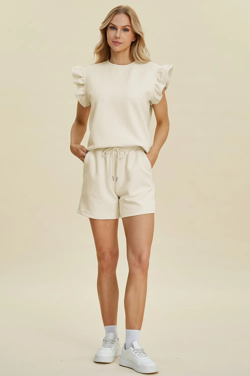 Double Take Full Size Texture Round Neck Ruffle Sleeve Top and Shorts Set by Trendsi