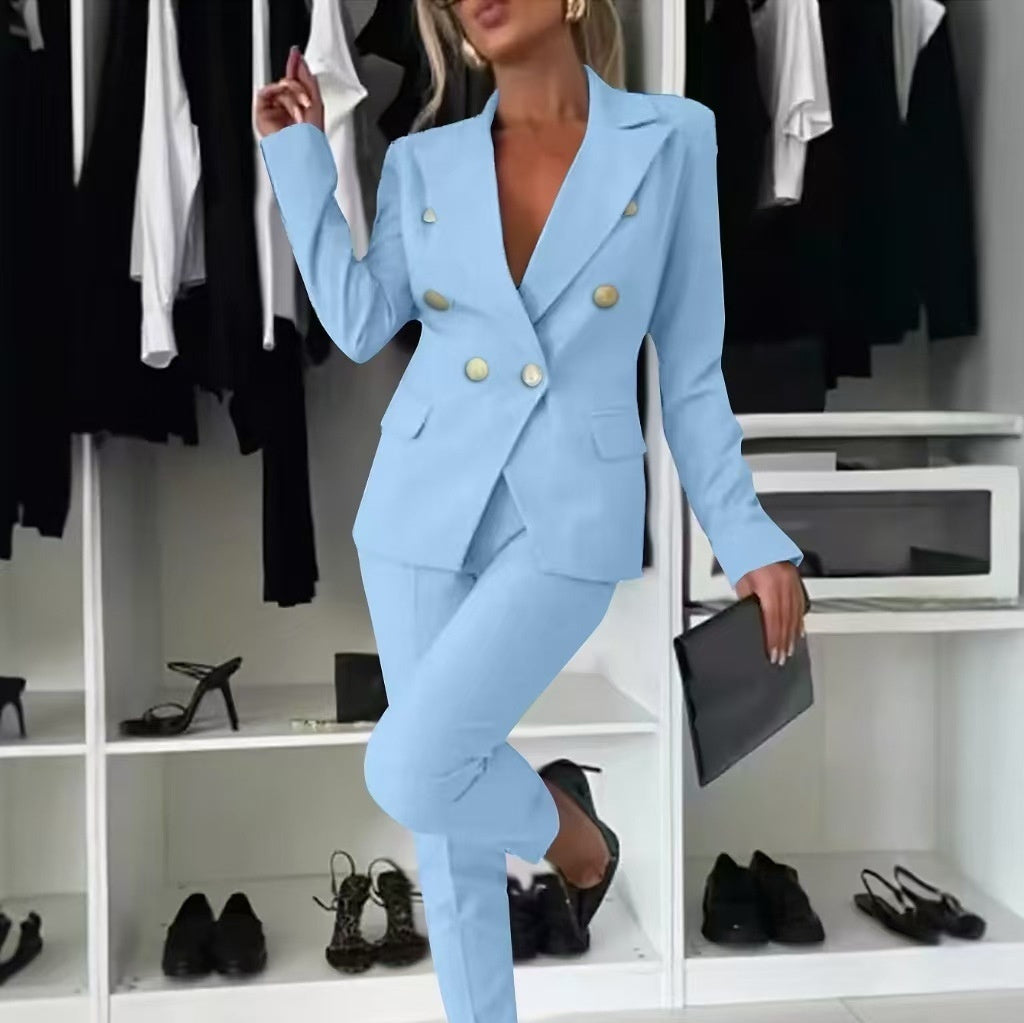 Casual Blazer Suit Slim Lapel Double-breasted Jacket And Zip-up Trousers Women's Clothing by Royal Closet