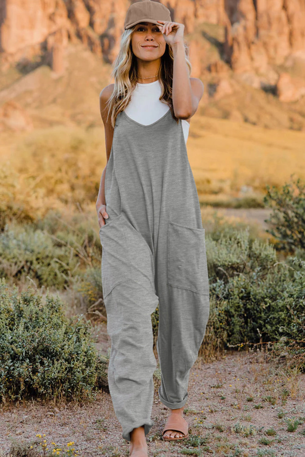 Double Take Full Size V-Neck Sleeveless Jumpsuit with Pockets by Trendsi