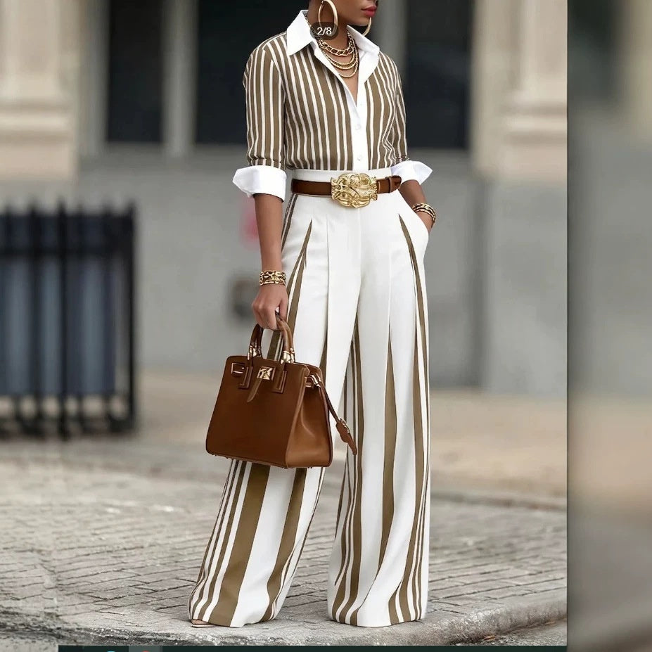 Striped Shirt And Vertical-striped Wide-leg Pants Set by Royal Closet