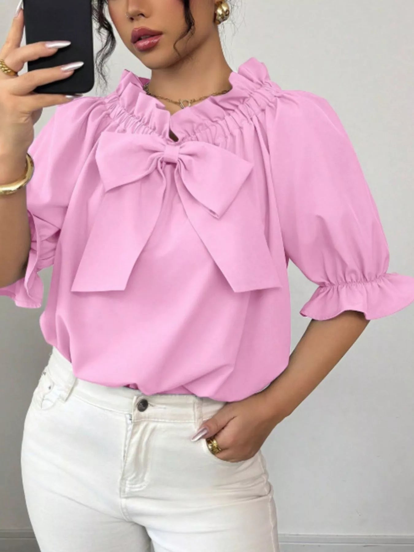 Bow Flounce Sleeve Blouse by Trendsi