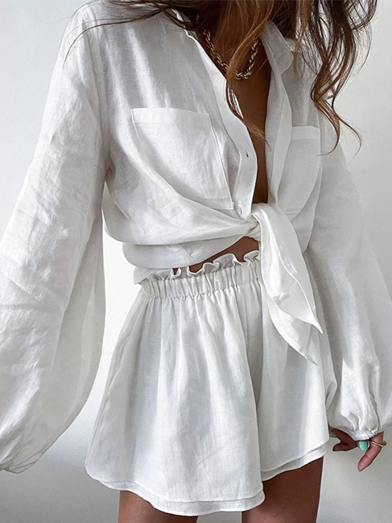 Button Up Long Sleeve Shirt and Shorts Set by Trendsi