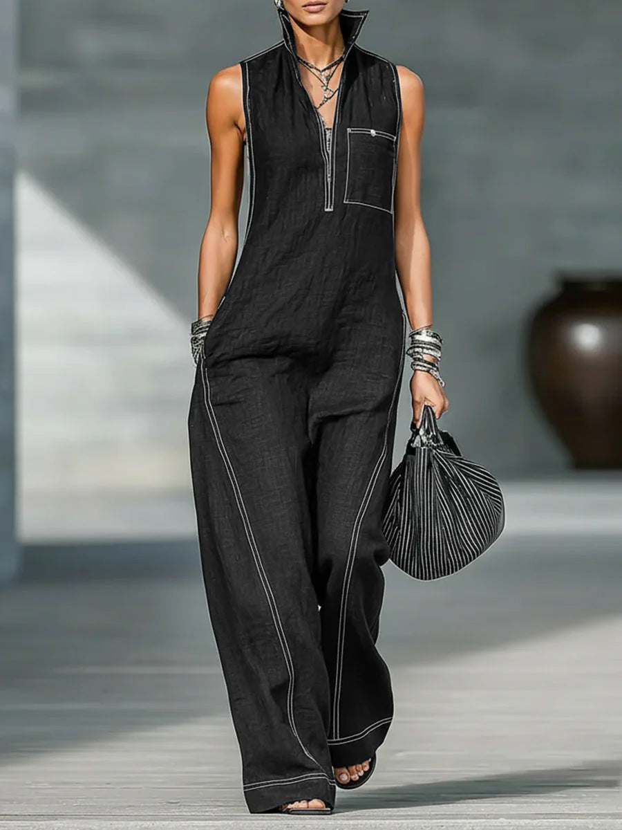 Stand-up Collar Jumpsuit With Pockets Summer Fashion Casual Sleeveless Jumpsuit Trousers Women's Clothing by Royal Closet