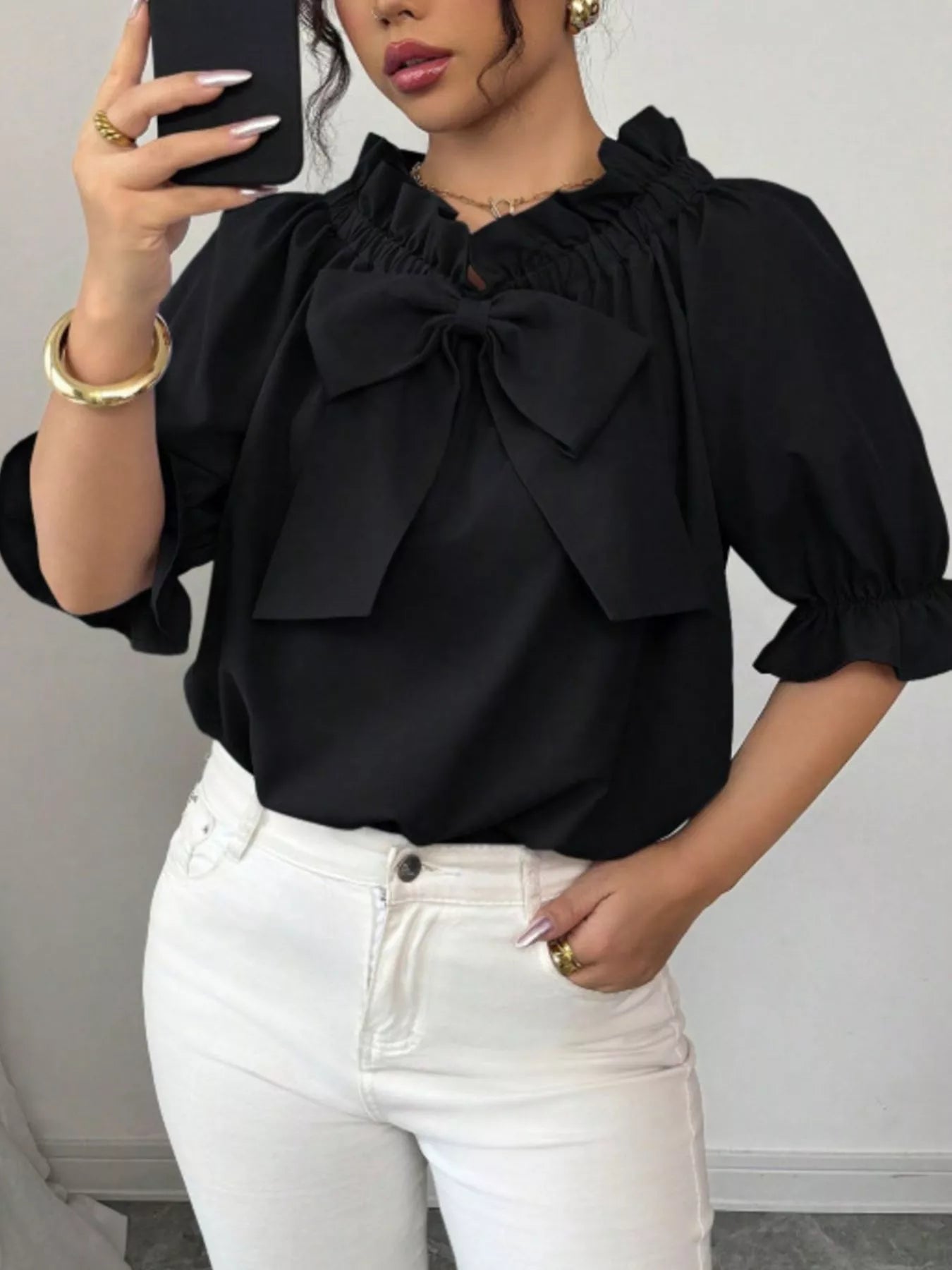 Bow Flounce Sleeve Blouse by Trendsi