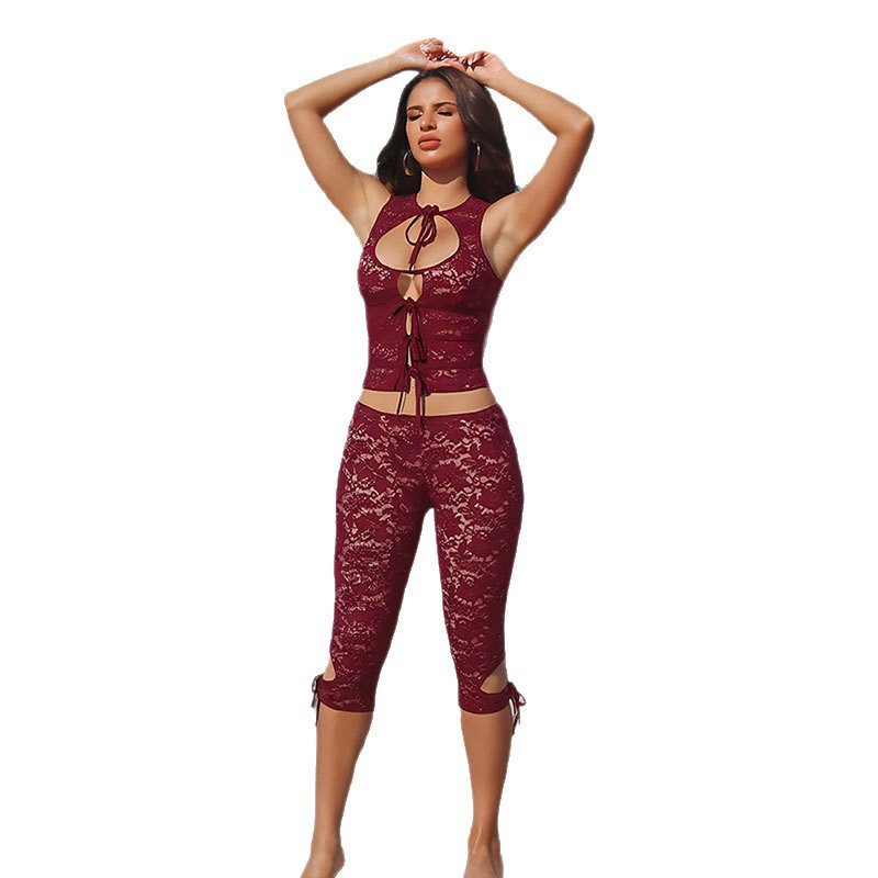 Womens Lace-spliced Backless Top And Shorts Set For Women by Royal Closet