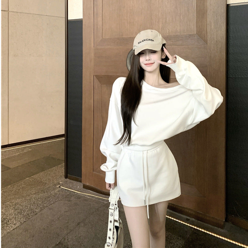 Loose Fitting Casual Off-shoulder Long Sleeve Top And Pleated Midi Skirt Set by Royal Closet